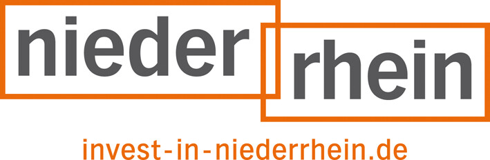Logo Niederrhein Invest in de kleur oranje, grijs op wit